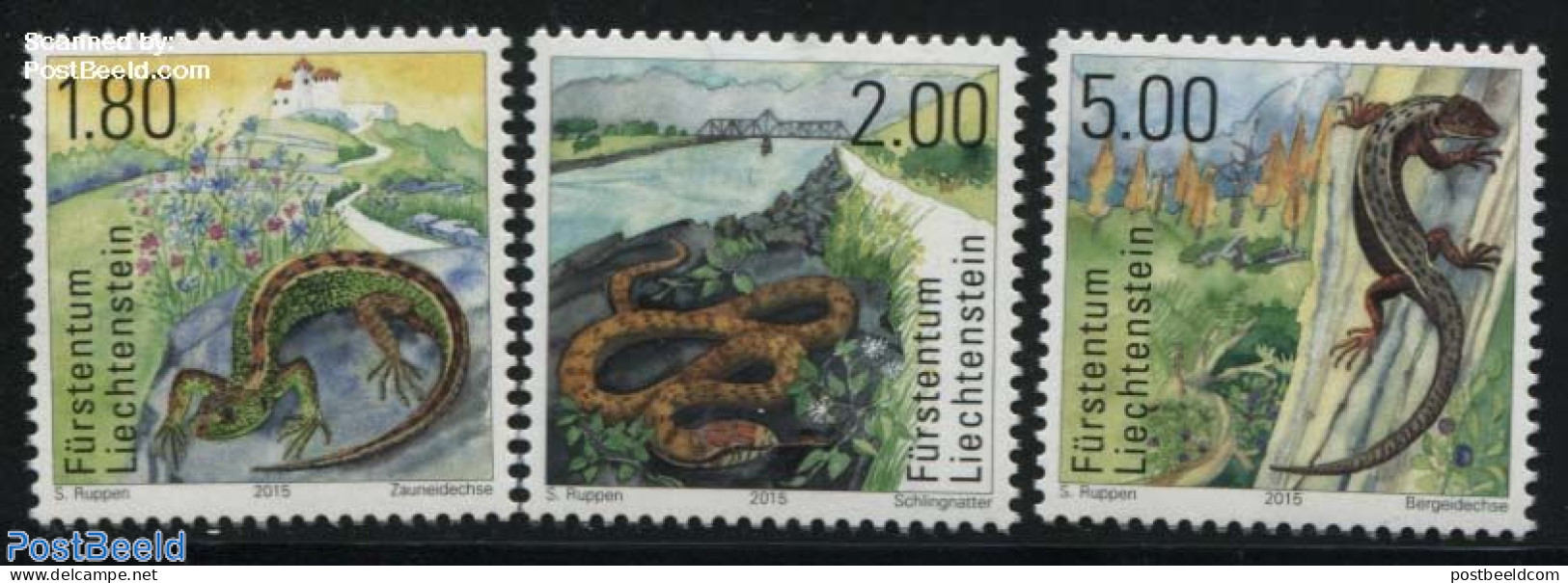 Liechtenstein 2015 Reptiles 3v S-a, Mint NH, Nature - Flowers & Plants - Reptiles - Snakes - Art - Bridges And Tunnels.. - Neufs