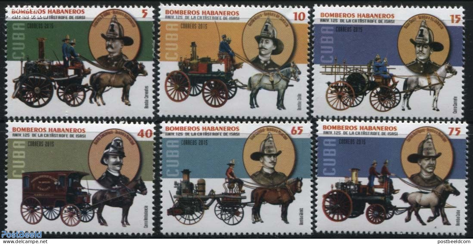 Cuba 2015 125 Years Isasi Disaster 6v, Mint NH, History - Nature - Transport - Horses - Coaches - Fire Fighters & Prev.. - Nuovi