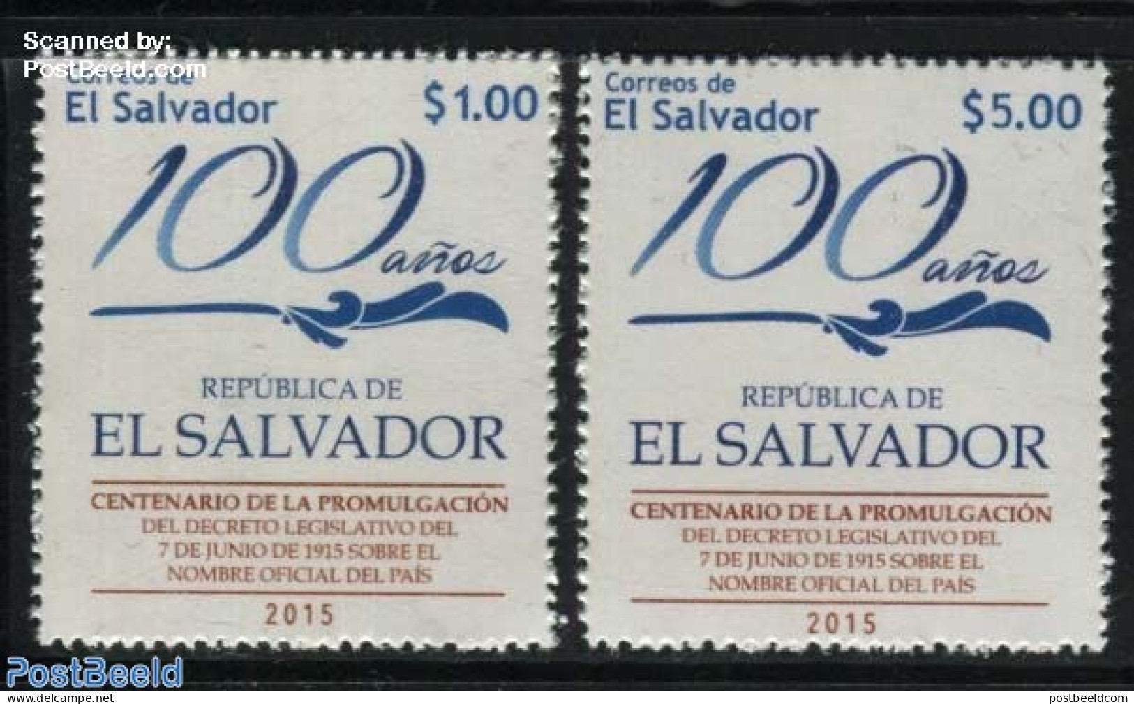 El Salvador 2015 100 Years Republic 2v, Mint NH, History - History - Salvador