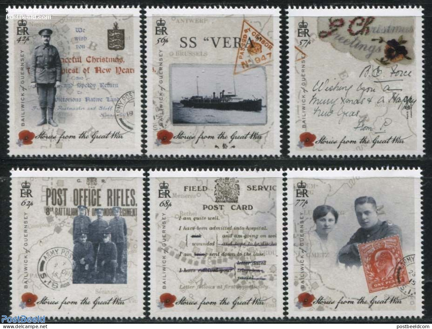 Guernsey 2015 Stories From The Great War 6v, Mint NH, History - Transport - Post - Stamps On Stamps - Ships And Boats .. - Poste