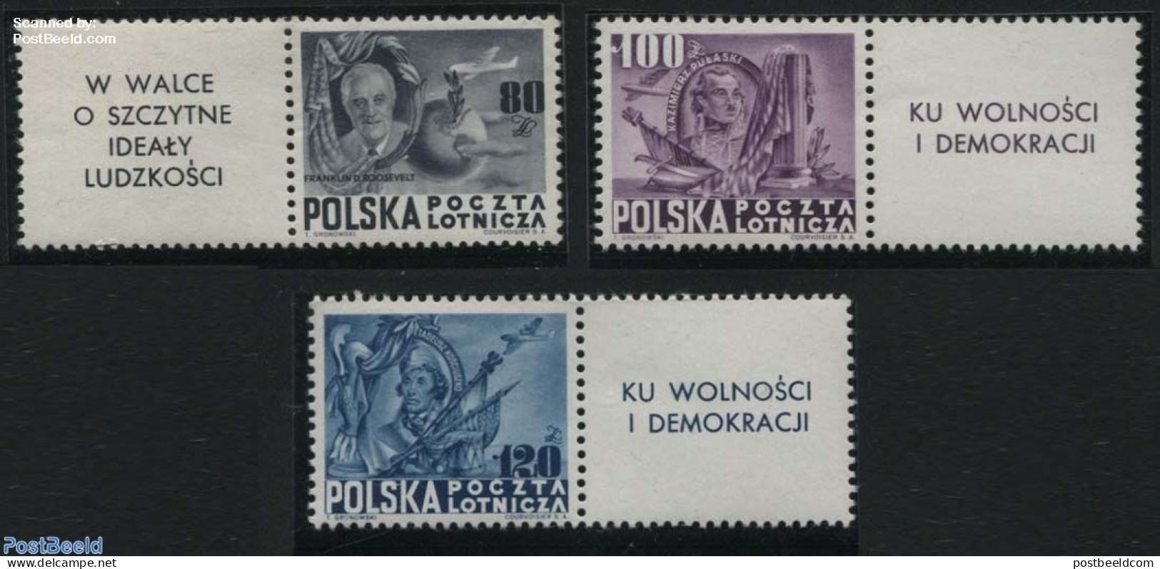 Poland 1948 160 Years USA 3v+tabs, Mint NH, History - American Presidents - Politicians - Neufs