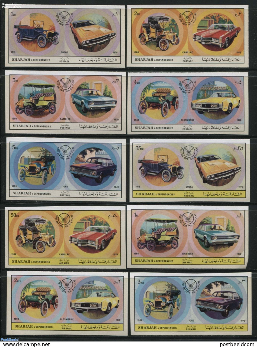 Sharjah 1971 Stamp Day, American Automobiles 10v, Imperforated, Mint NH, Transport - Stamp Day - Automobiles - Journée Du Timbre