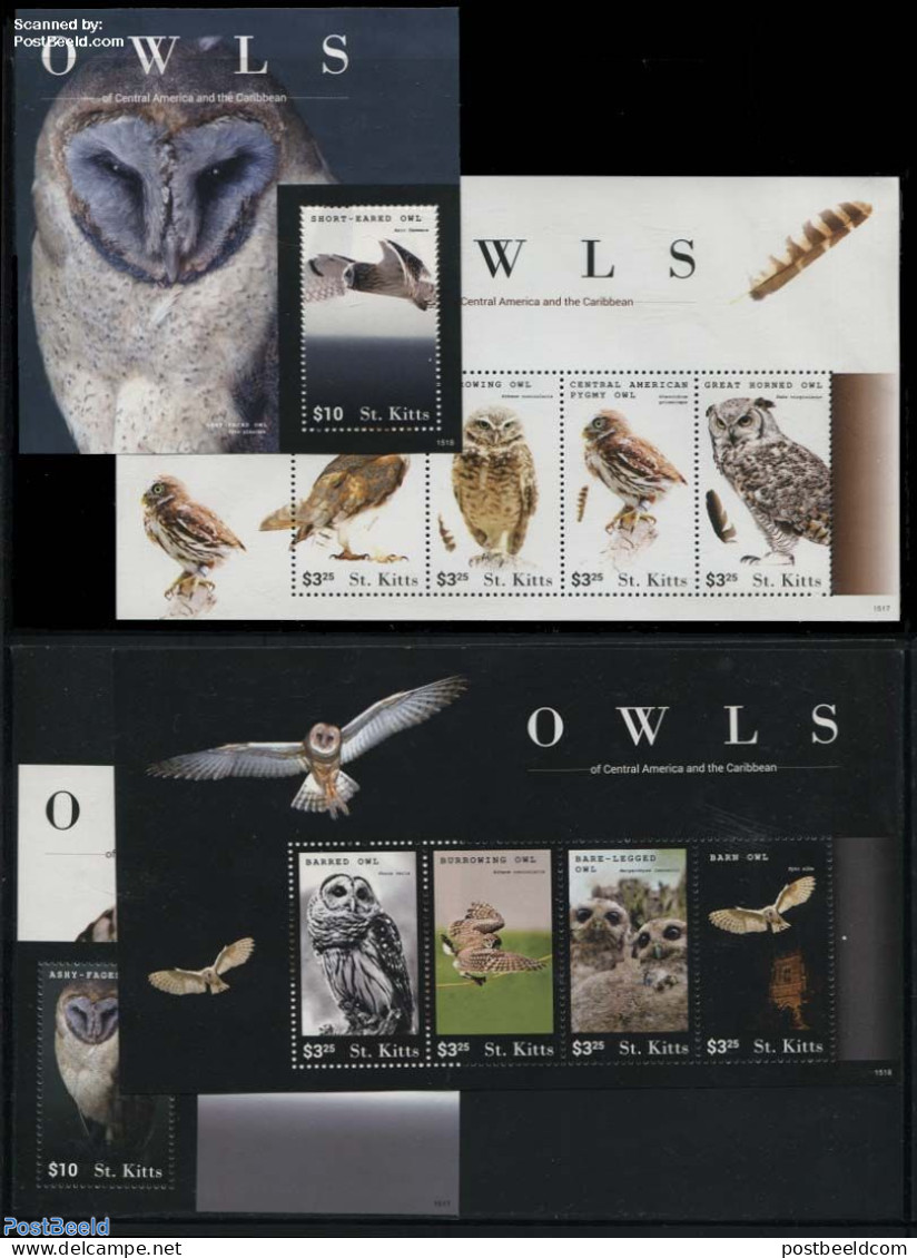 Saint Kitts/Nevis 2015 Owls 4 S/s, Mint NH, Nature - Religion - Birds - Birds Of Prey - Owls - Churches, Temples, Mosq.. - Kirchen U. Kathedralen