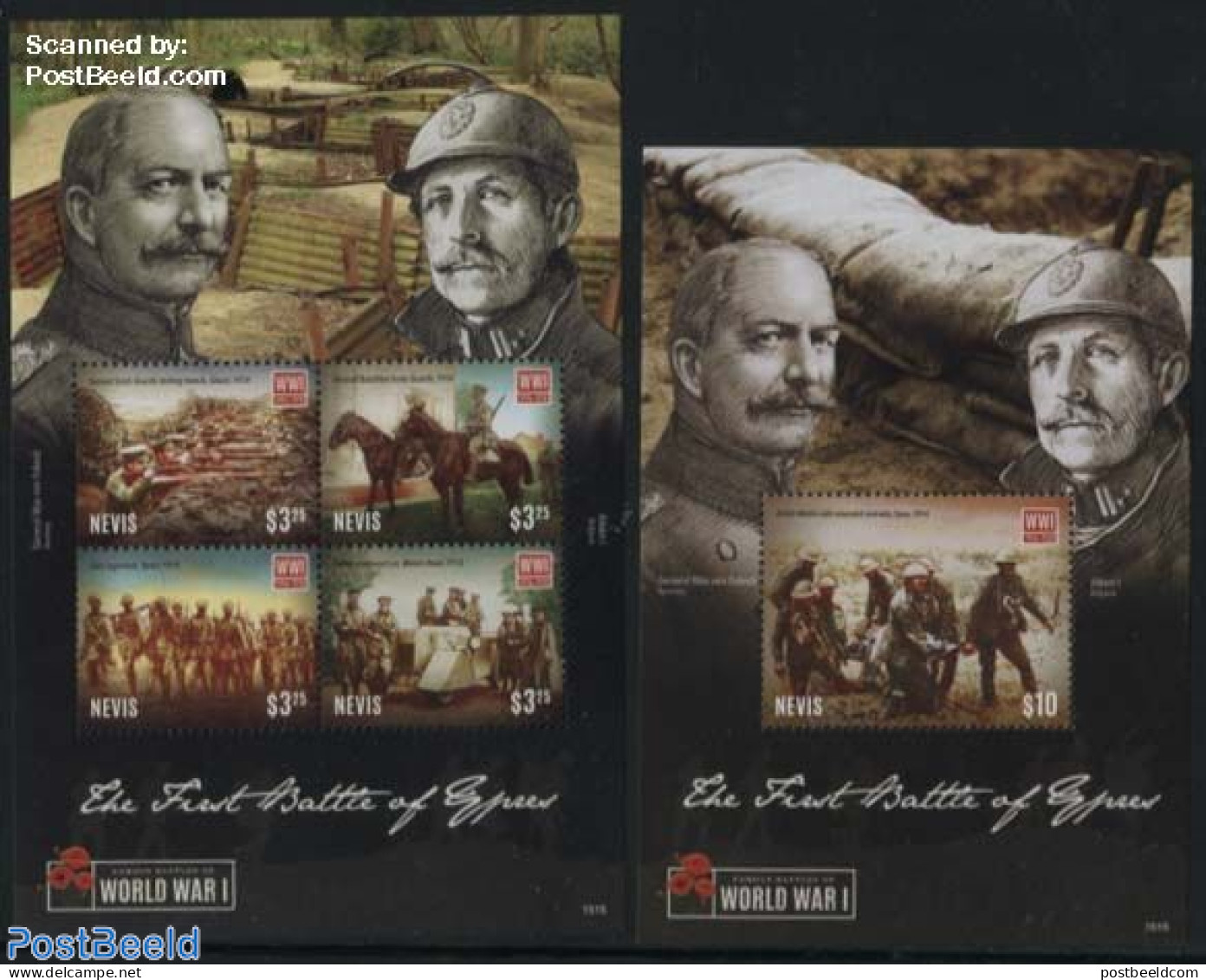 Nevis 2015 First Battle Of Ypres 2 S/s, Mint NH, History - Nature - Transport - Various - Kings & Queens (Royalty) - H.. - Familles Royales