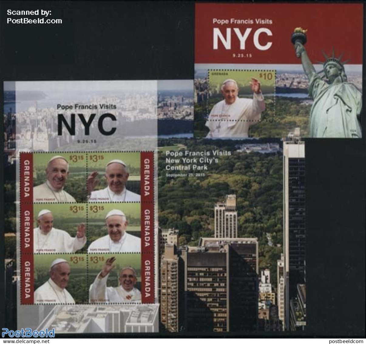 Grenada 2015 Pope Francis Visits NYC 2 S/s, Mint NH, Religion - Pope - Papes