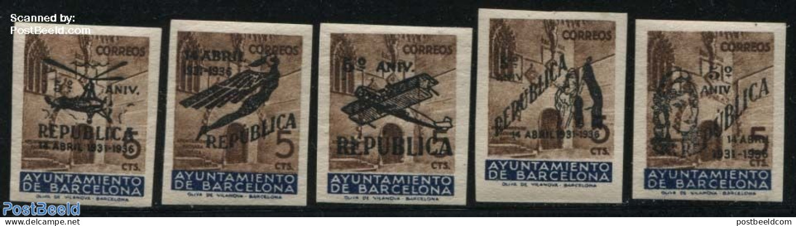 Spain 1936 Barcelona Fund 5v, Unused (hinged), Transport - Helicopters - Aircraft & Aviation - Nuevos