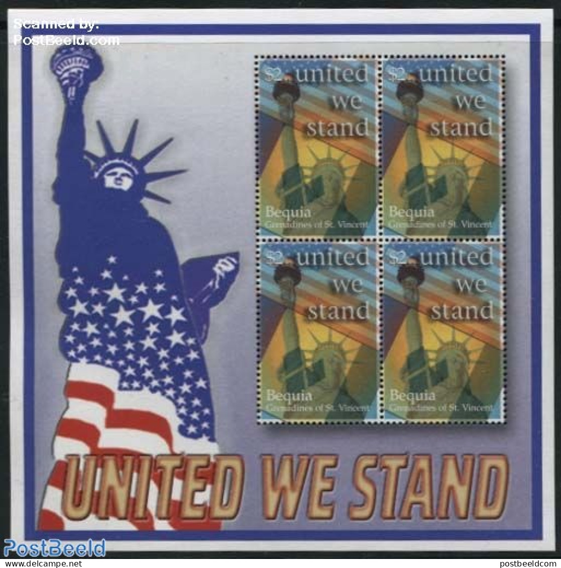 Saint Vincent & The Grenadines 2002 Bequia, United We Stand M/s, Mint NH, History - Flags - Art - Sculpture - Skulpturen