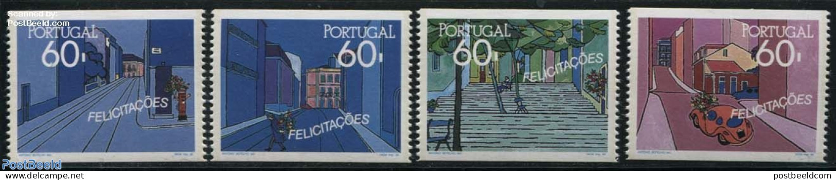 Portugal 1990 Greeting Stamps 4v (from Booklet), Mint NH, Nature - Transport - Various - Flowers & Plants - Mail Boxes.. - Ungebraucht