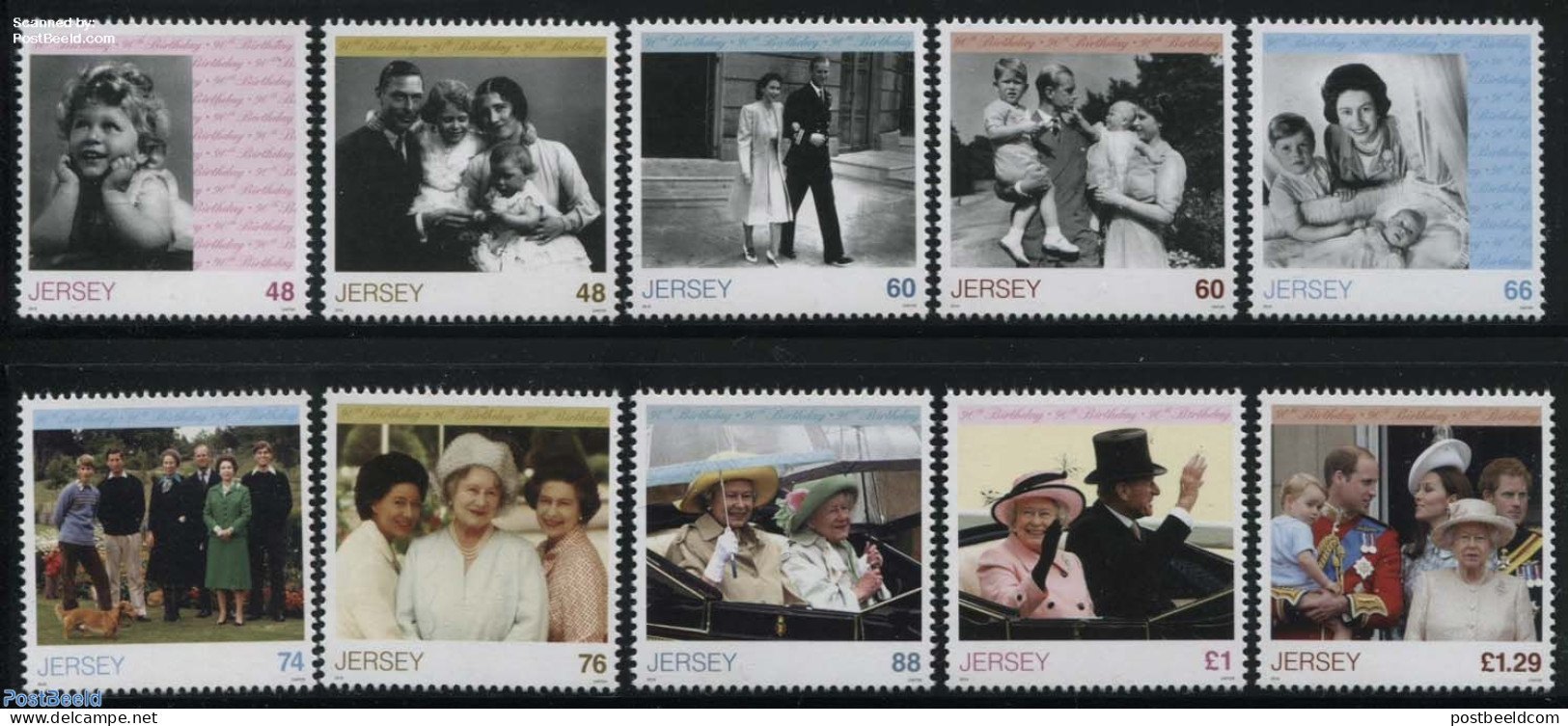 Jersey 2016 Queen Elizabeth 90th Birthday 10v, Mint NH, History - Nature - Kings & Queens (Royalty) - Dogs - Familles Royales