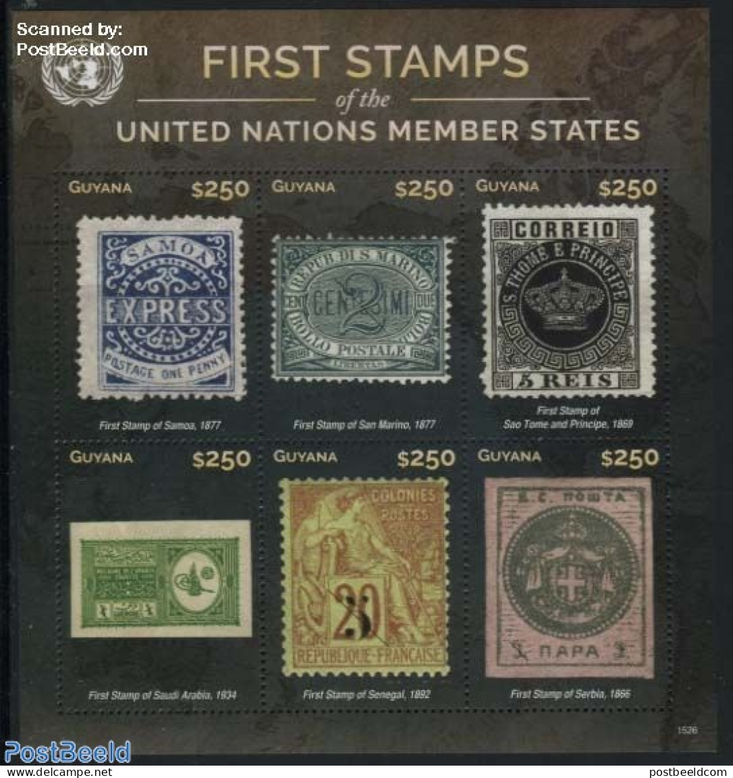 Guyana 2015 First Stamps, S 6v M/s, Mint NH, History - United Nations - Stamps On Stamps - Briefmarken Auf Briefmarken