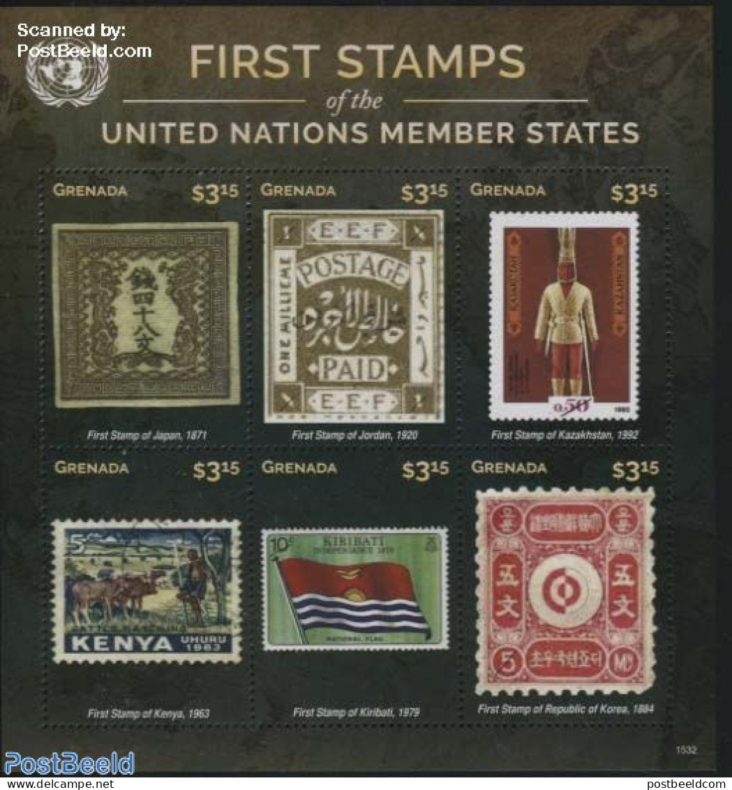 Grenada 2015 First Stamps, J-K 6v M/s, Mint NH, History - Nature - Various - Flags - United Nations - Cattle - Stamps .. - Stamps On Stamps