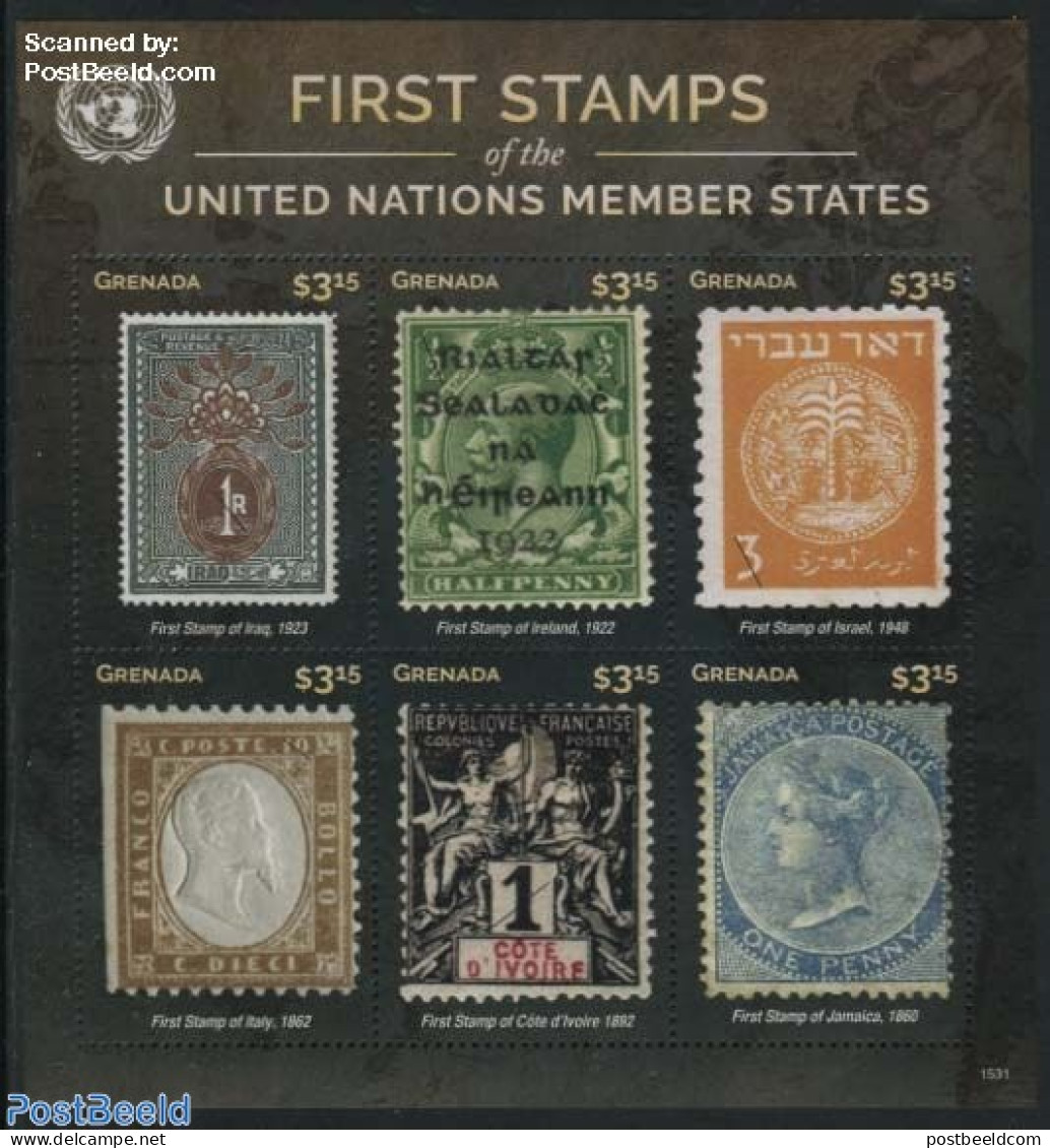Grenada 2015 First Stamps, I-J 6v M/s, Mint NH, History - Kings & Queens (Royalty) - United Nations - Stamps On Stamps - Königshäuser, Adel