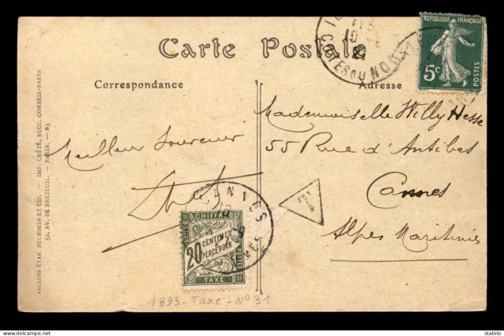 CARTE TAXEE - 1 TIMBRE TAXE A 20 CENTIMES OBLITERE A CANNES SUR CARTE ENVOYEE DE BREHAT (COTES-D'ARMOR) - 1859-1959 Brieven & Documenten