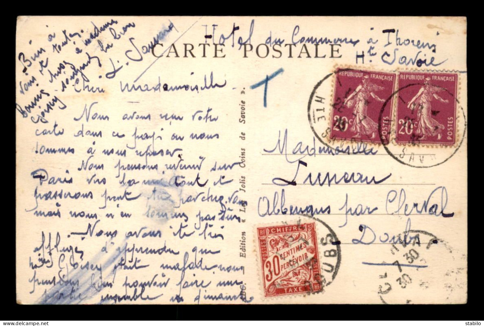 CARTE TAXEE - 1 TIMBRE TAXE A 30 CENTIMES SUR CARTE OBLITEREE A THORENS (HAUTE-SAVOIE) - 1859-1959 Lettres & Documents
