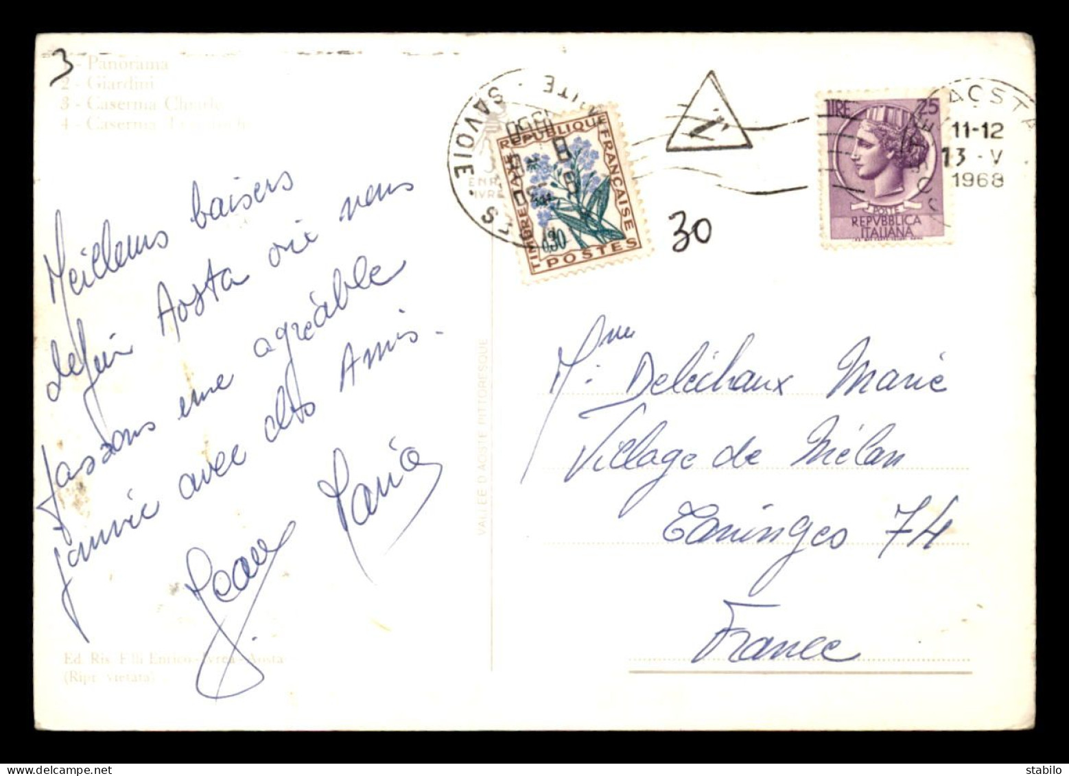 CARTE TAXEE - 1 TIMBRE TAXE A 30 CENTIMES SUR CARTE OBLITEREE A AOSTA ITALIE - 1859-1959 Lettres & Documents