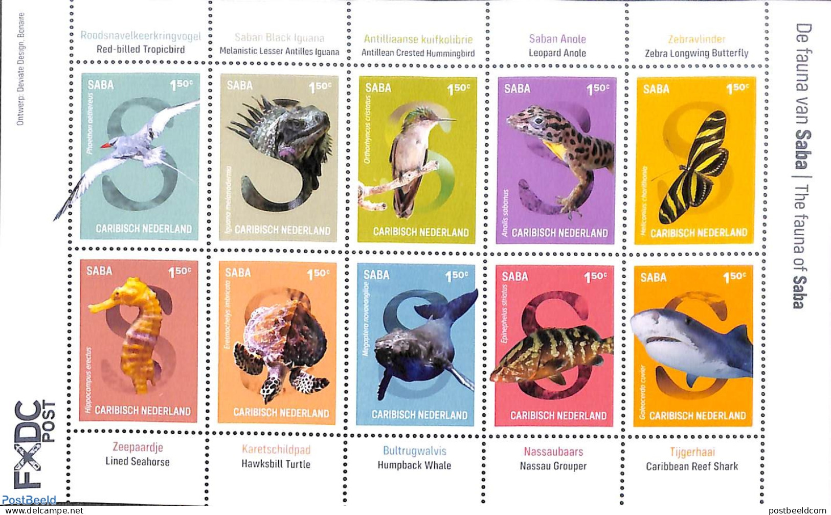 Dutch Caribbean 2022 Saba, Fauna 10v M/s, Mint NH, Nature - Birds - Butterflies - Fish - Reptiles - Sea Mammals - Turt.. - Fische
