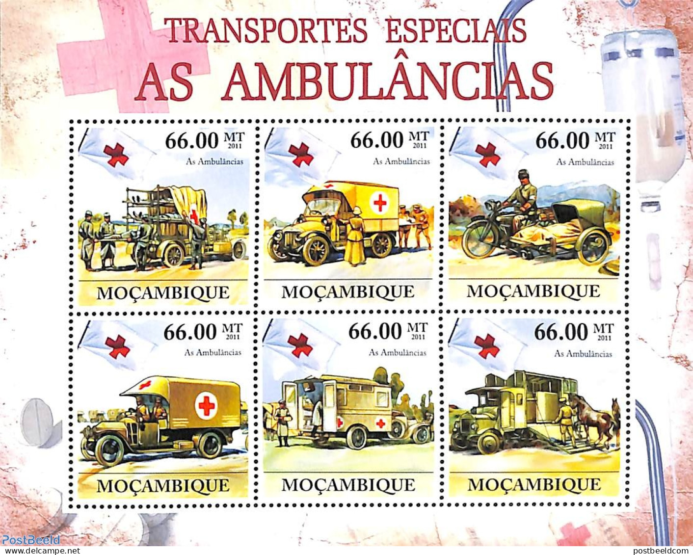 Mozambique 2011 Ambulances 6v M/s, Mint NH, Health - Transport - Health - Red Cross - Automobiles - Motorcycles - Croix-Rouge