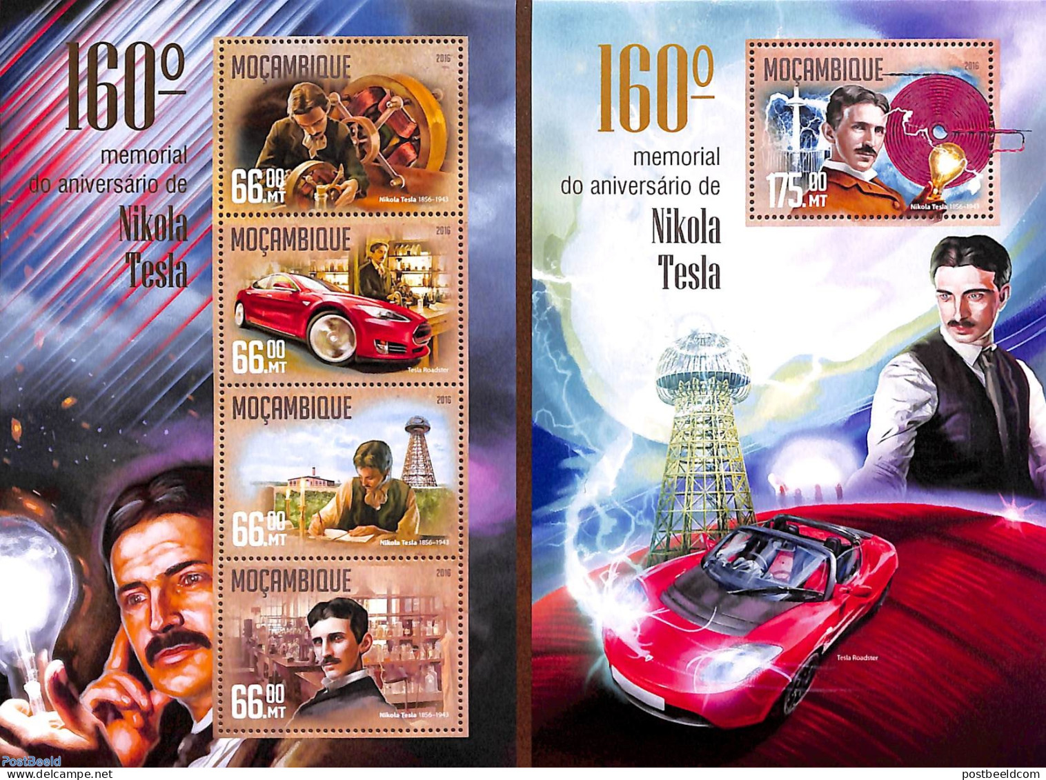 Mozambique 2016 Nikola Tesla 2 S/s, Mint NH, Science - Transport - Inventors - Physicians - Automobiles - Physique