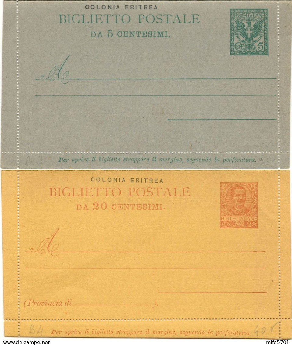 REGNO / COLONIE / ERITREA 1903 B3 / B4 2 BIGLIETTI POSTALI C. 5 E C. 20 'FLOREALE' SOPRASTAMPATI 'COLONIA ERITREA' NUOVI - Erythrée