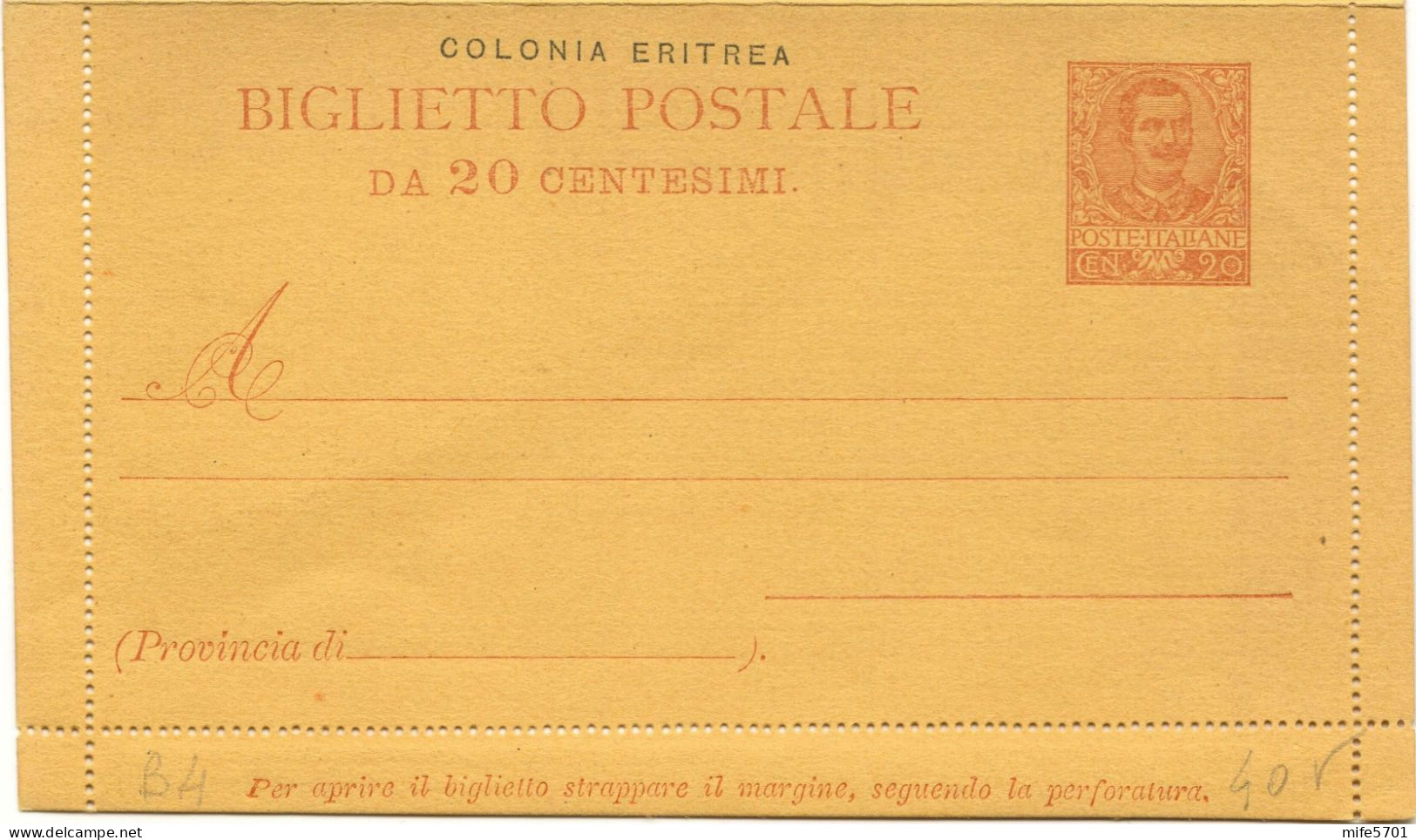 REGNO / COLONIE / ERITREA 1903 B3 / B4 2 BIGLIETTI POSTALI c. 5 E c. 20 'FLOREALE' SOPRASTAMPATI 'COLONIA ERITREA' NUOVI