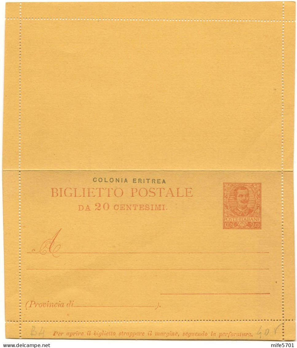 REGNO / COLONIE / ERITREA 1903 B3 / B4 2 BIGLIETTI POSTALI c. 5 E c. 20 'FLOREALE' SOPRASTAMPATI 'COLONIA ERITREA' NUOVI