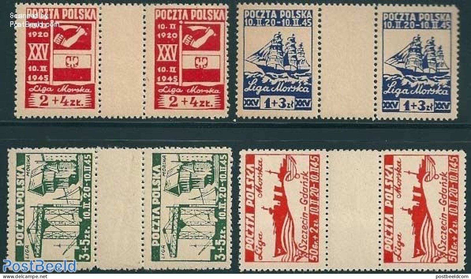 Poland 1945 Liga Morska 4 Gutter Pairs, Unused (hinged), History - Transport - Flags - Ships And Boats - Unused Stamps
