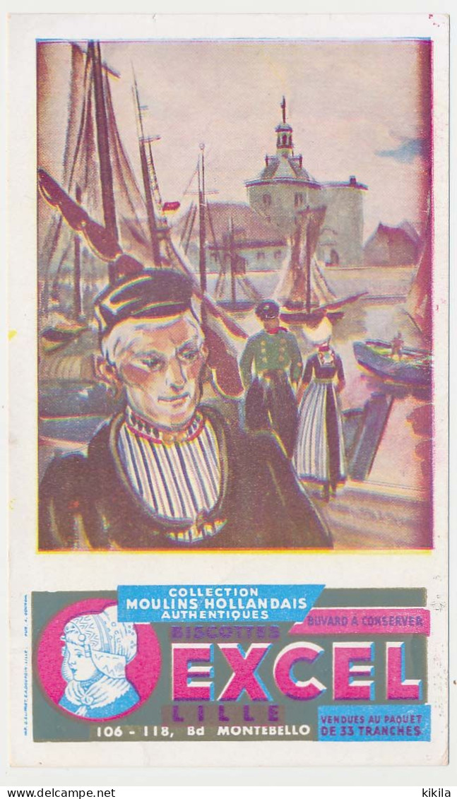 Buvard 10.7 X 18 Biscottes EXCEL à Lille Nord  Collections Moulins Hollandais Authentiques Marin Couple Port Voiliers - Biscottes