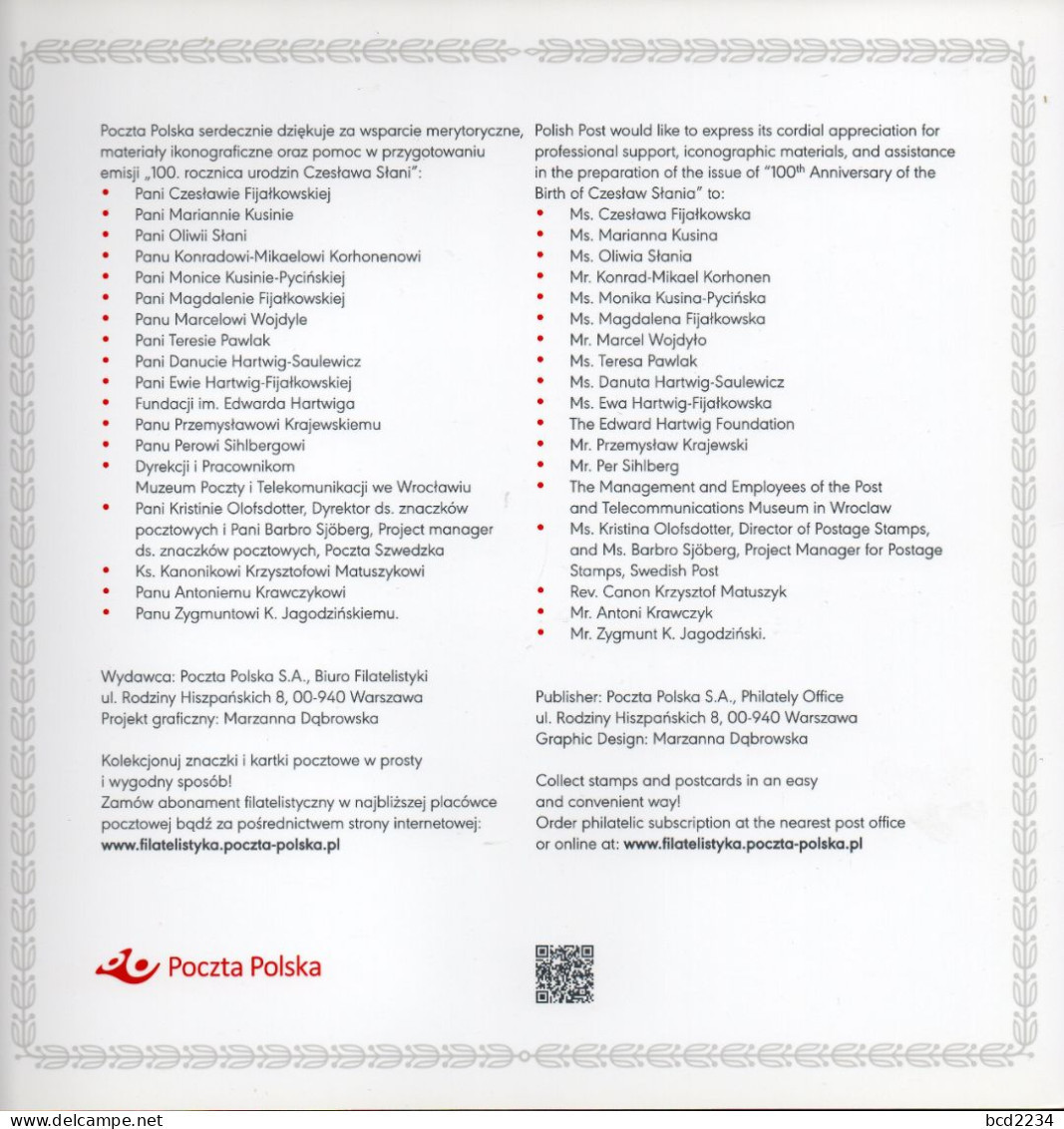 POLAND 2021 POST OFFICE LIMITED EDITION FOLDER: 100TH ANNIVERSARY OF BIRTH OF THE POLISH MASTER ENGRAVER SLANIA MS S/S - Autres & Non Classés