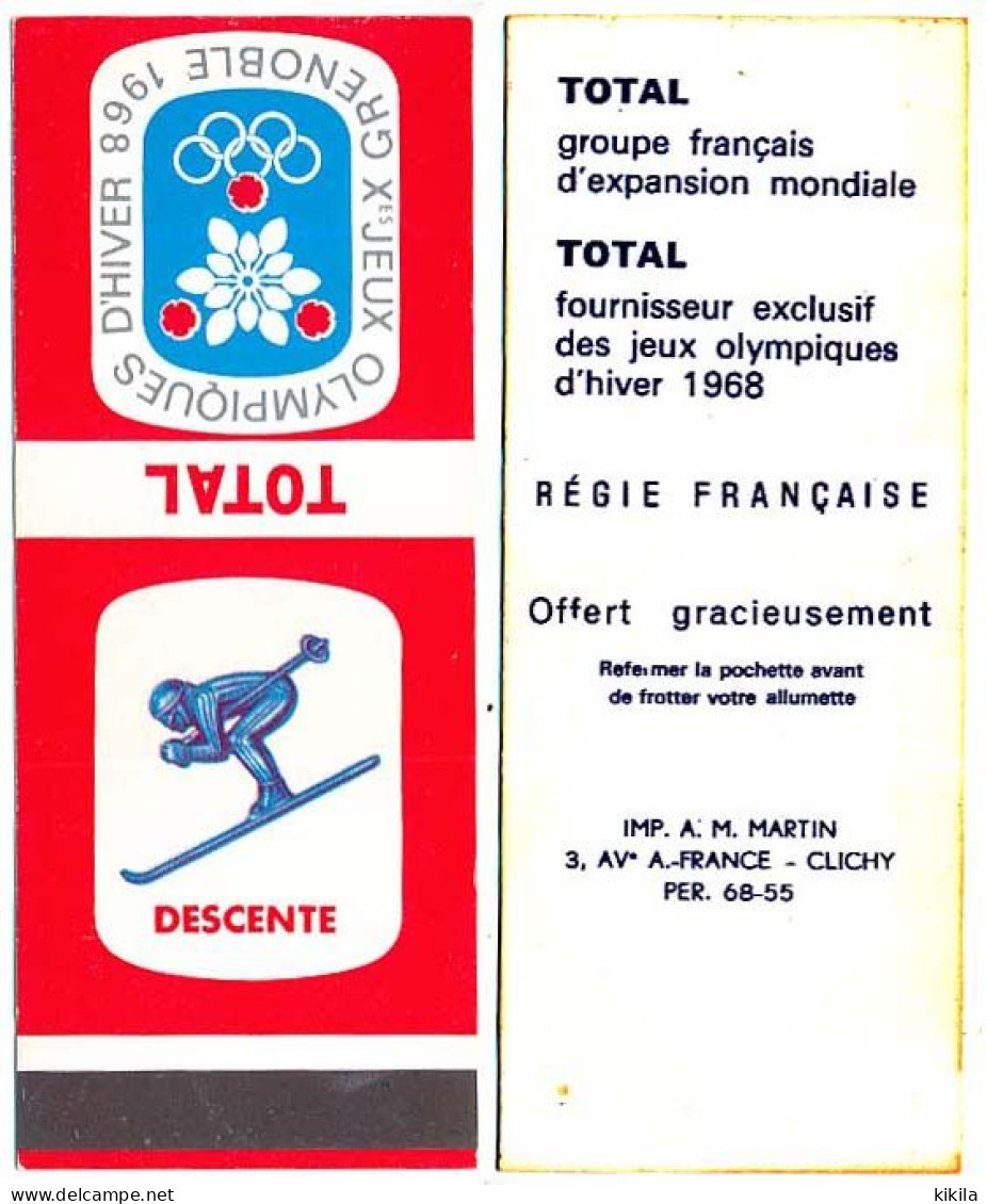Pochette Pour Allumettes TOTAL Rouge Ski Alpin DESCENTE Xèmes Jeux Olympiques D'Hiver De GRENOBLE 1968 Olympic Games 68 - Boites D'allumettes