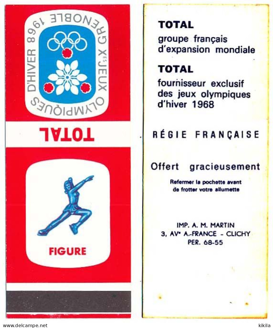 Pochette Pour Allumettes TOTAL Rouge Patinage FIGURE Xèmes Jeux Olympiques D'Hiver De GRENOBLE 1968 Olympic Games 68 - Boites D'allumettes