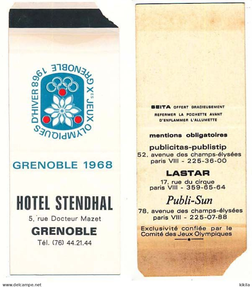 Pochette Pour Allumettes HOTEL STENDHAL   Xèmes Jeux Olympiques D'Hiver De GRENOBLE 1968 Olympic Games 68 - Boites D'allumettes