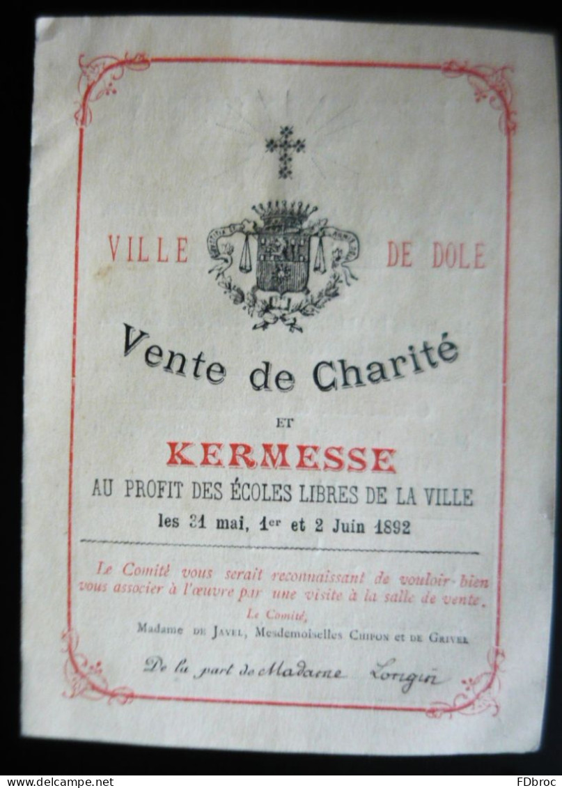 Programme Ville De DOLE ( JURA 39) Vente De Charité Et Kermesse Mai 1892 Mme De Javel, Chipon & Grivel .... - Programmes