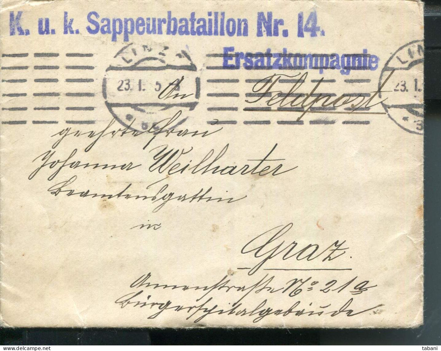 AUSTRIA WWI 1915 LINZ OLD COVER AND LETTER KUK SAPPEURBATAILLON NR.14. - Militaria