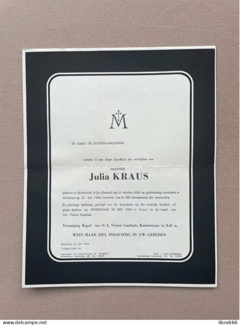 KRAUS Julia °SINT-JANS-MOLENBEEK (BRUSSEL) 1882 +MECHELEN 1960 - DE DONDER - MALHERBE - Décès