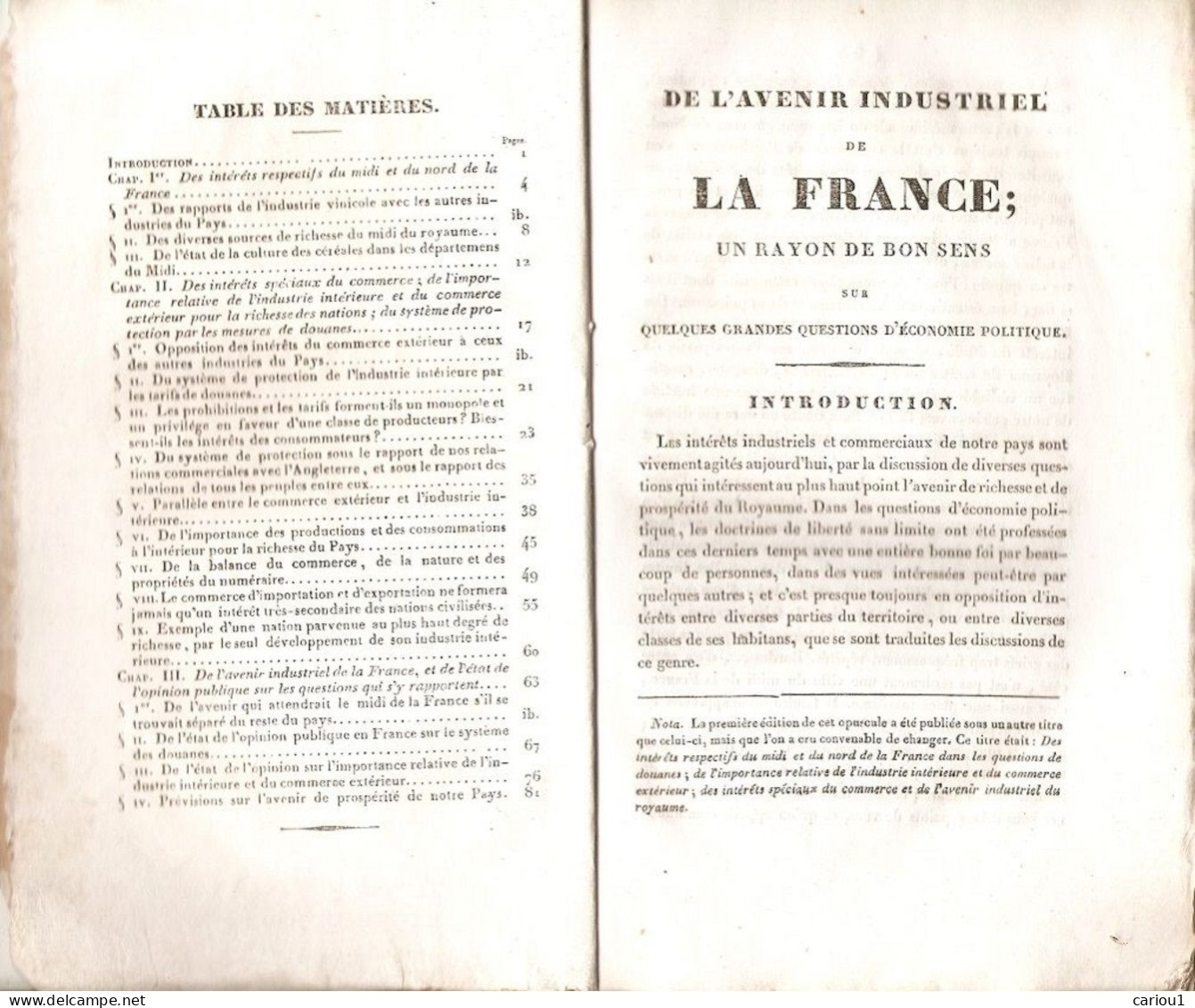 C1  C. J. A. MATHIEU De DOMBASLE De L AVENIR INDUSTRIEL DE LA FRANCE 1834 PORT INCLUS France - 1801-1900