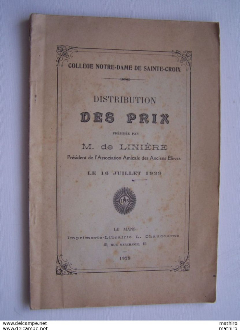 LE MANS - Distribution Des Prix 1929 ,présidée M.de Linière,collège Notre  Dame De Sainte-Croix - Non Classés