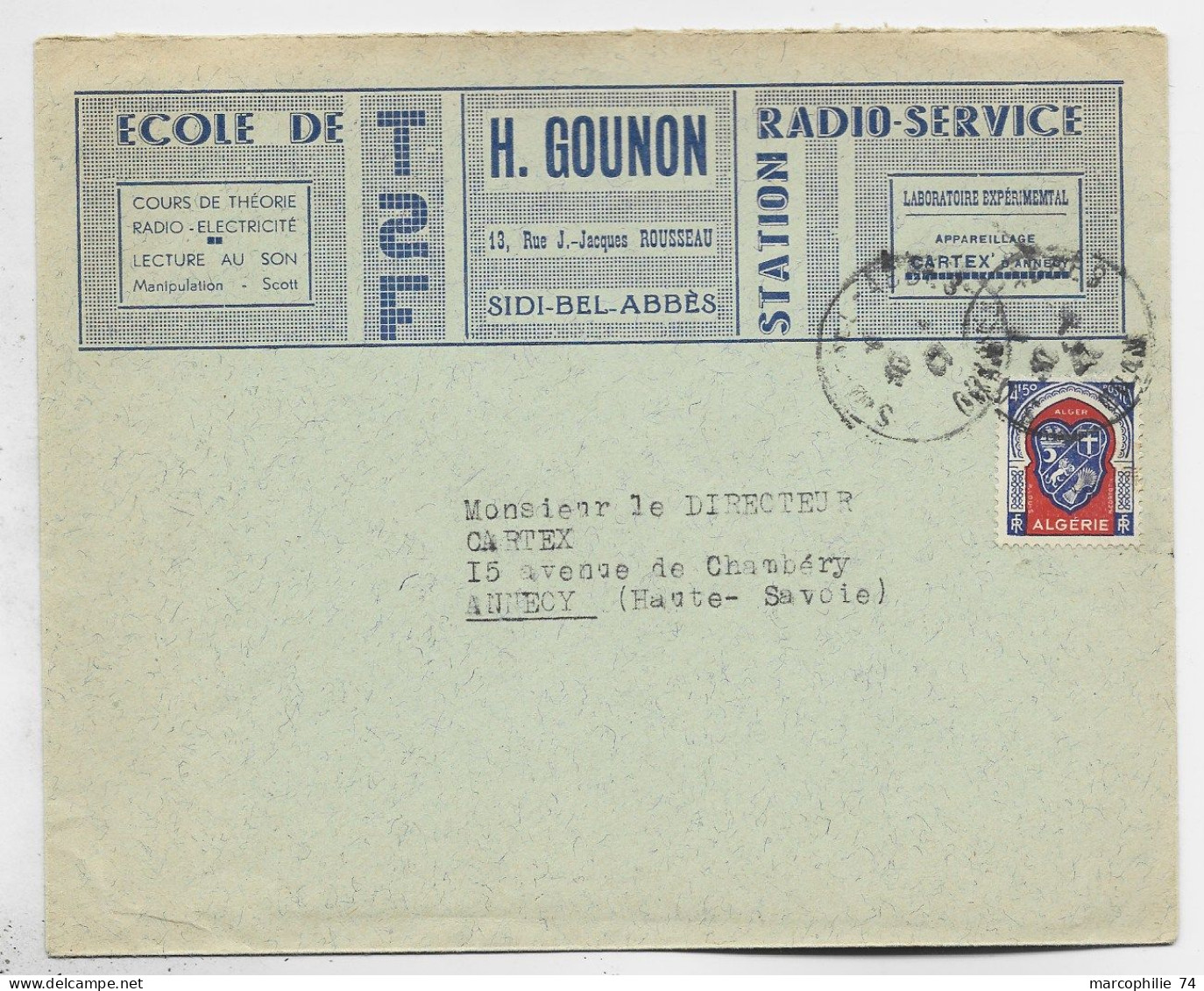 ALGERIE 4FR50 BLASON SEUL LETTRE ENTETE RADIO SERVICE SIDI BEL ABBES 1947 - Covers & Documents