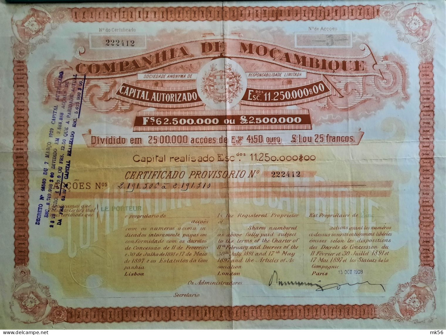 Companhia De Moçambique - Certificado Provisorio - 5 Actions - 1928 - Autres & Non Classés