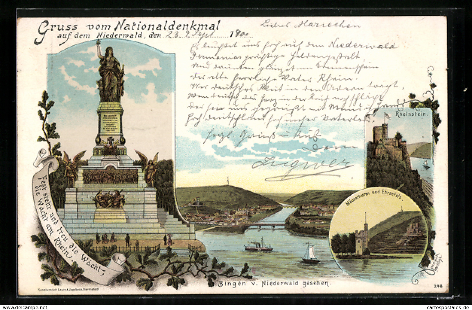 Lithographie Nationaldenkmal Auf Dem Niederwald, Bingen Mit Mäuselthurm Und Rheinstein  - Other & Unclassified