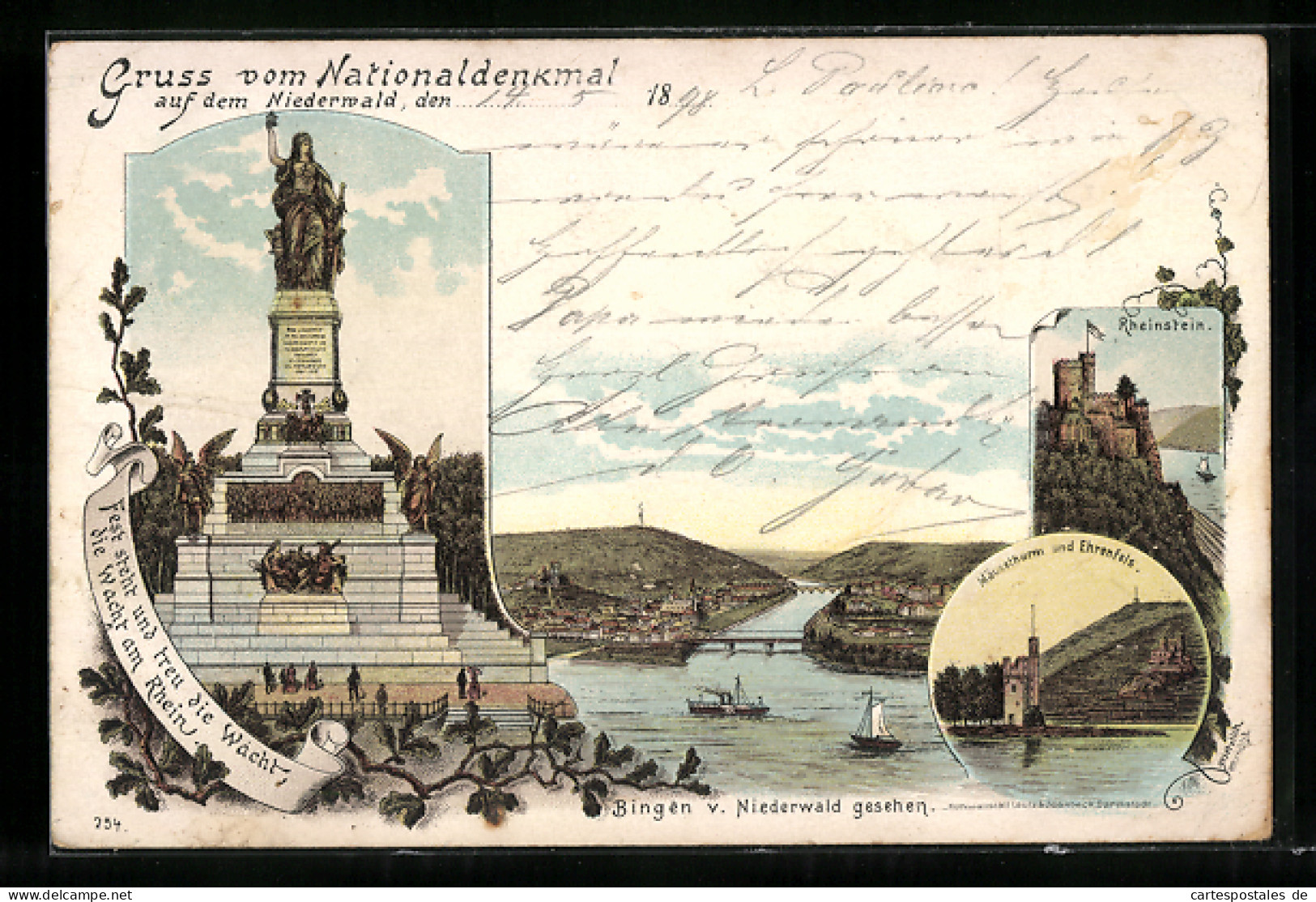 Lithographie Bingen, Nationaldenkmal Auf Dem Niederwald, Mäuseturm Und Ehrenfels, Rheinstein  - Other & Unclassified