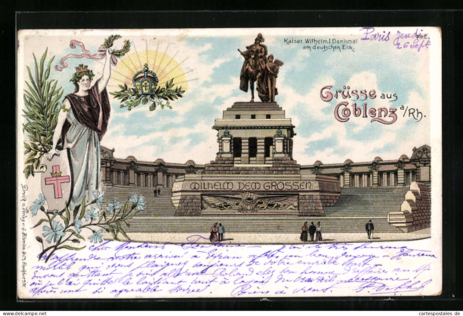Lithographie Coblenz A. Rh., Kaiser Wilhelm I. Denkmal Am Deutschen Eck, Germania Mit Lorbeerkranz  - Autres & Non Classés