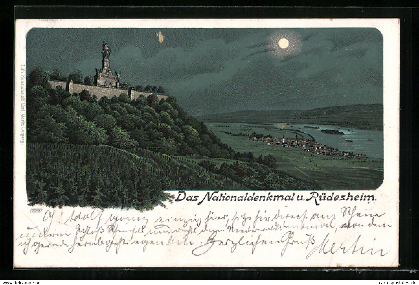 Lithographie Rüdesheim, Nationaldenkmal Und Teilansicht Bei Mondschein  - Autres & Non Classés