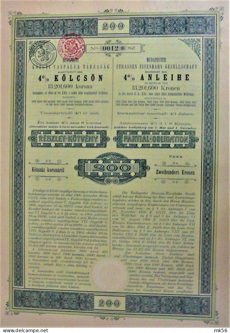 Budapester Strassen-Eisenb.Ges.- 4% Priorit.anl. 200 Kron (1905) - Chemin De Fer & Tramway