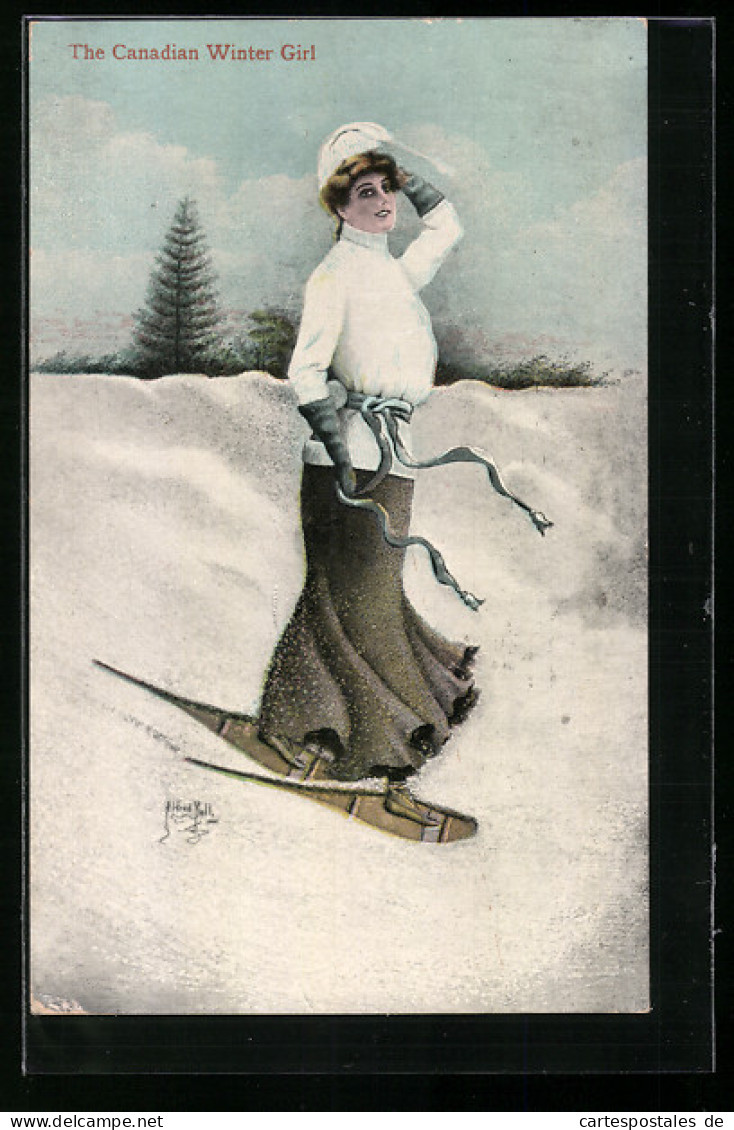 Künstler-AK The Canadian Winter Girl, Wintersportlerin Läuft Auf Schneeschuhen  - Wintersport