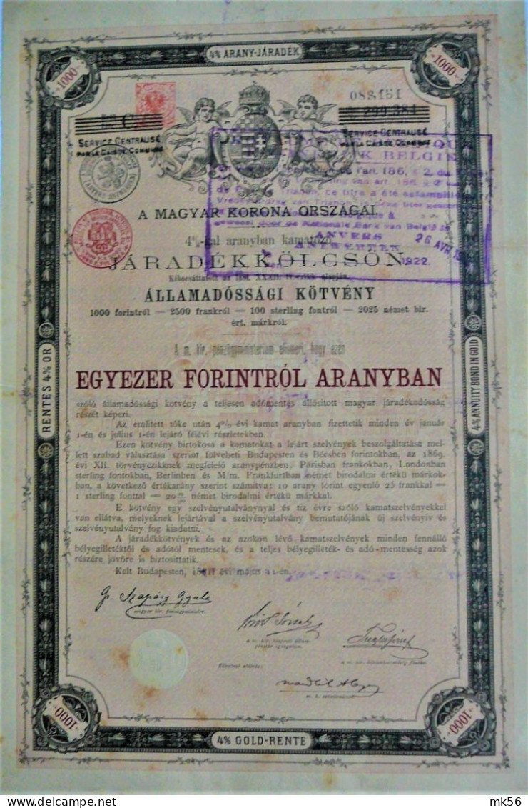 Königreich Ungarn-Staatssc.Verschr.-1000 Fl. - 4% In Gold V. (1881 !! )  - Budapest - Autres & Non Classés