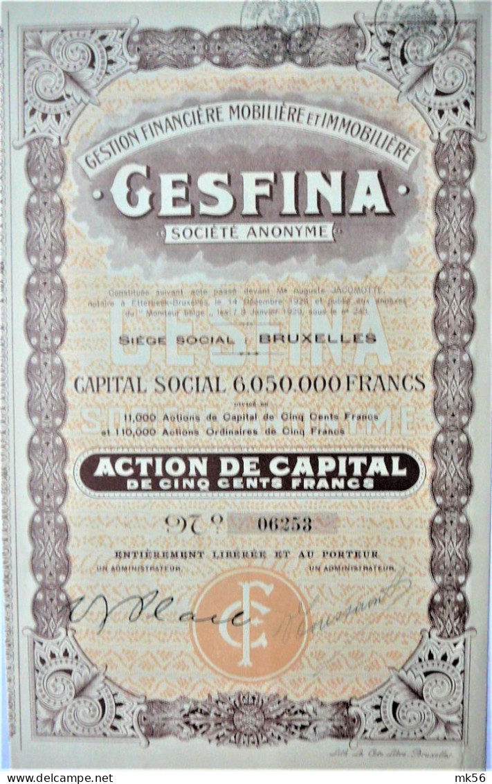 S.A. Gestion Financière  Mobilière Et Immobilière GESFINA  - Action De Capital De 500fr (1923) - Otros & Sin Clasificación