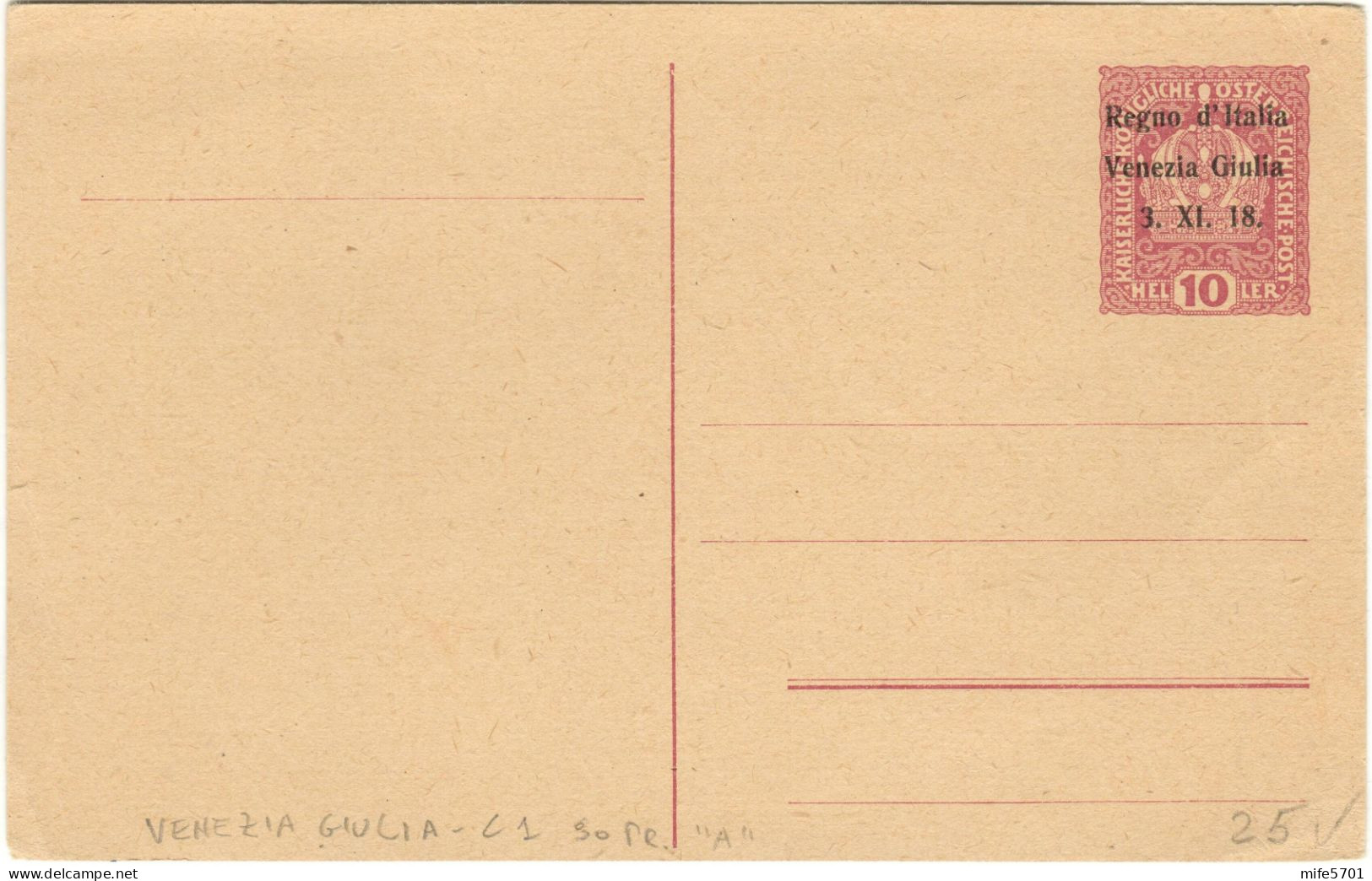 REGNO / VENEZIA GIULIA C1 (1918) CARTOLINA DI AUSTRIA H. 10 SOPRAST. 'Regno D'Italia Venezia Giulia 3. XI. 18.' TIPO 'A' - Vénétie Julienne