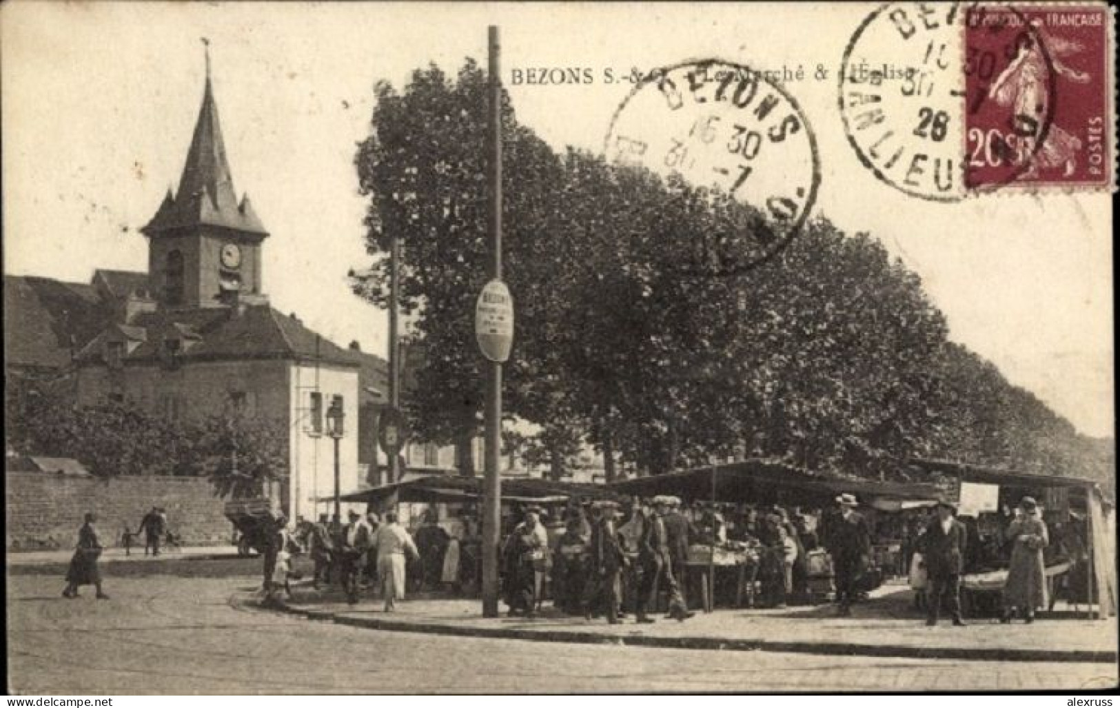 France 1928 Postcard Bezons Val D'Oise, The Market And The Church, Posted - Bezons