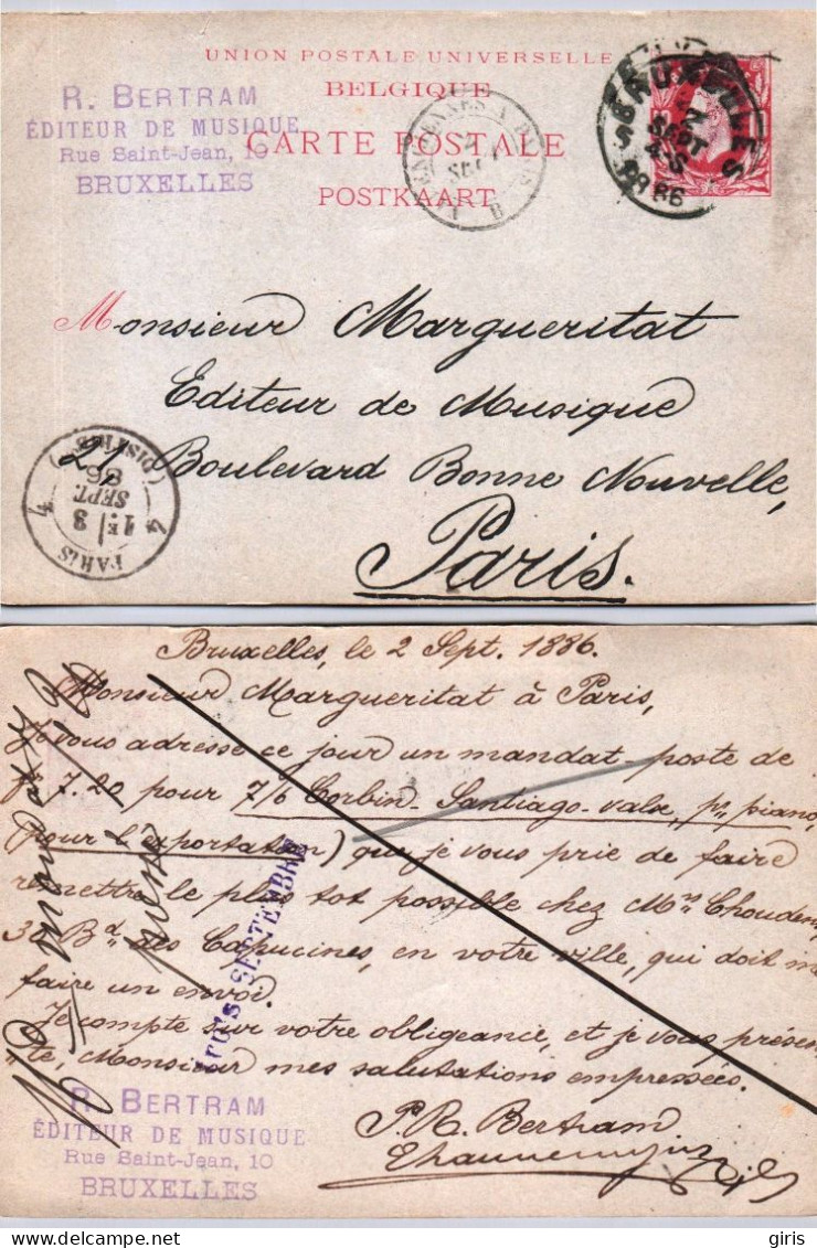 Belgique - Entier Postal - Brief Van Bruxelles 5 1885 - Brief Van Paris Distribution - Autres & Non Classés