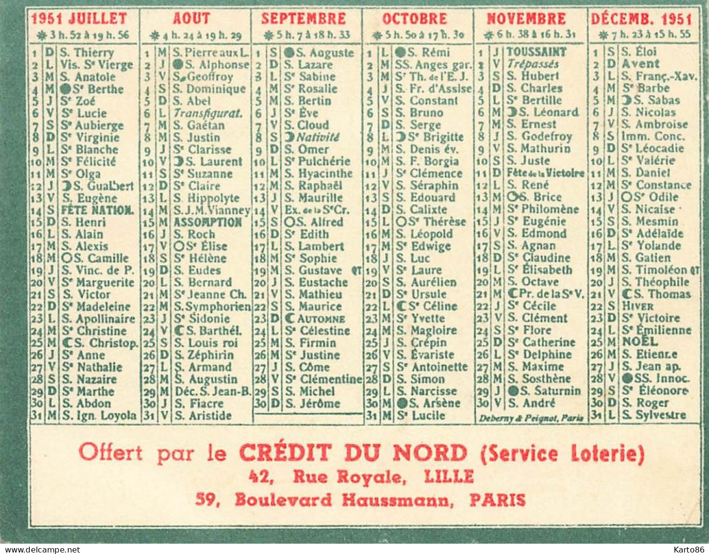 Petit Calendrier 1951 Publicitaire * Loterie Nationale , Crédit Du Nord à Lille * Calendar - Petit Format : 1941-60